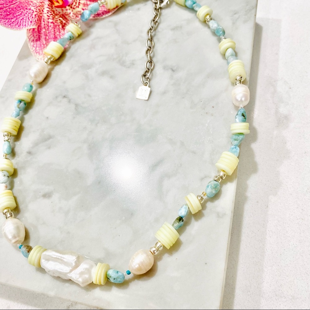 DANNIJO Riviera Freshwater Pearl, Heishi, & Larimar Beaded Necklace NWT - Picture 7 of 14